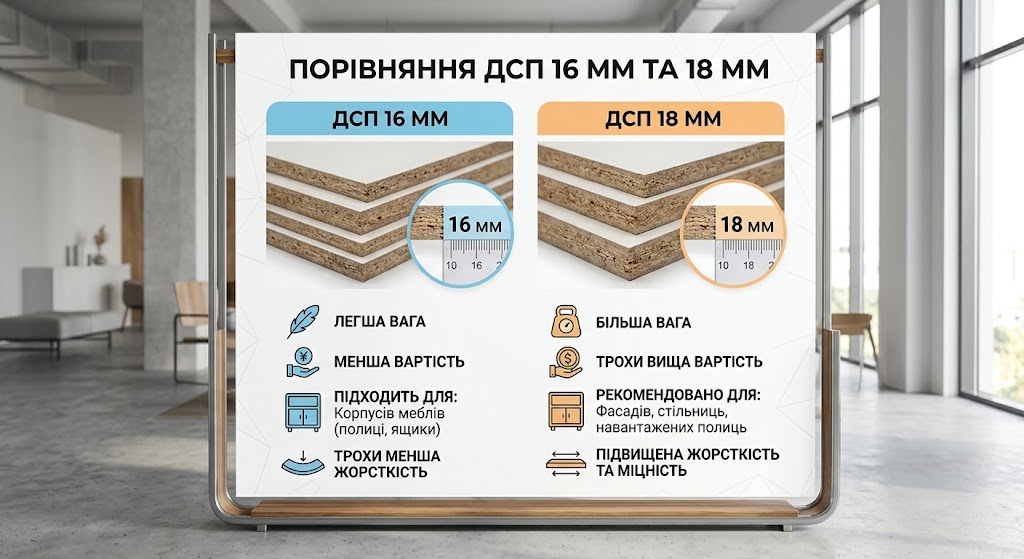 Ключові відмінності між ДСП 16 мм та 18 мм